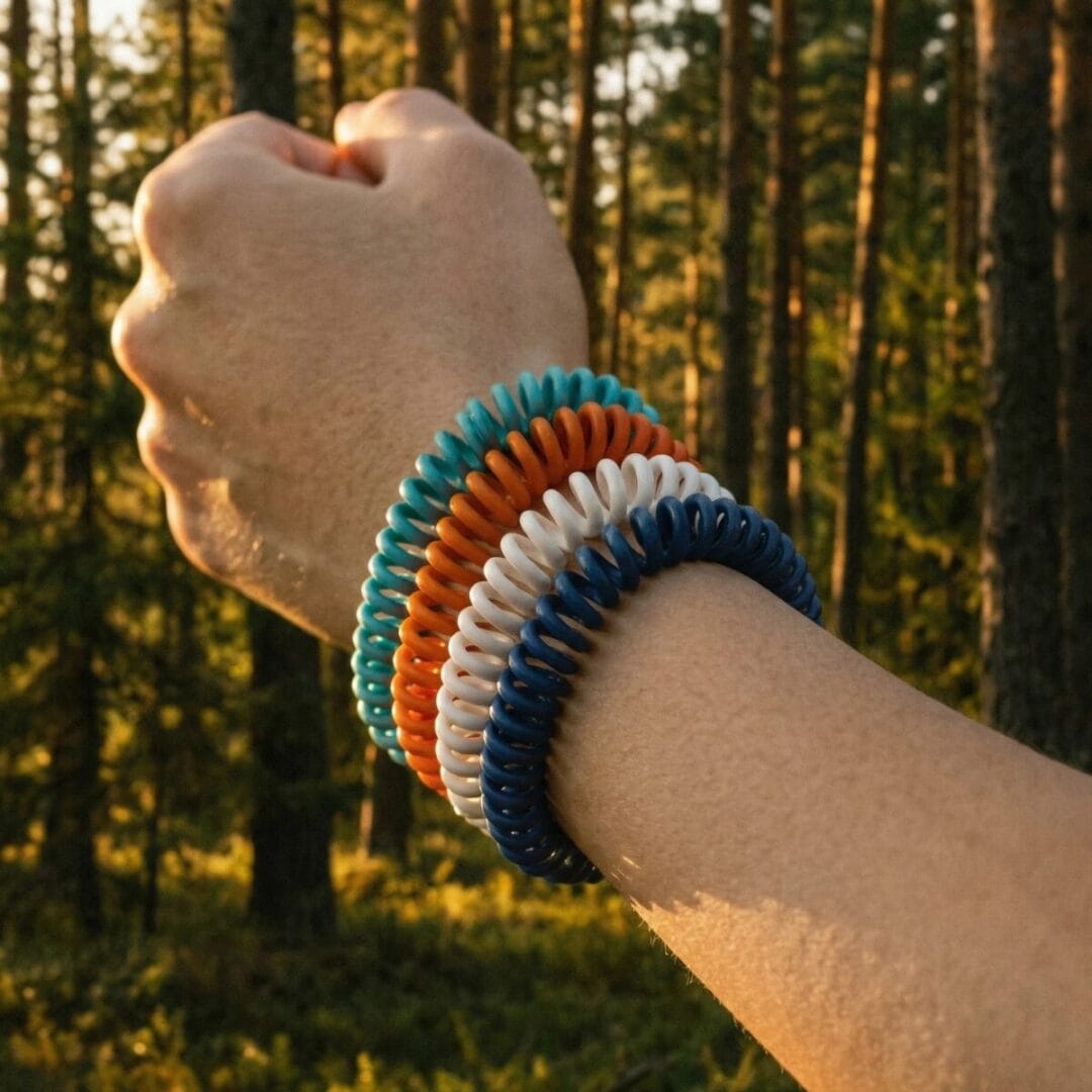 Natürliche Mückenschutz-Armbänder mit ätherischen Ölen – DEET-frei, wasserfest, bis zu 250 Stunden wirksam. Ideal für Camping, Wandern und Ferien.