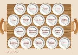 Illustration eines Holztisches mit 18 Tellern drauf und zwei Stühlen an der Seite. Paargespräch mit Smörgåsbord – Tapas statt Trennung!