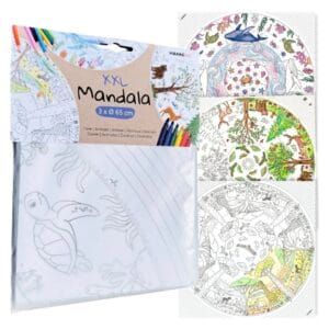 Drei XXL-Malposter mit Tiermotiven aus Wald, Savanne und Meer, je ca. 65 cm Ø. FSC-Papier, plastikfrei verpackt, für Kinder ab 18 Monaten.
