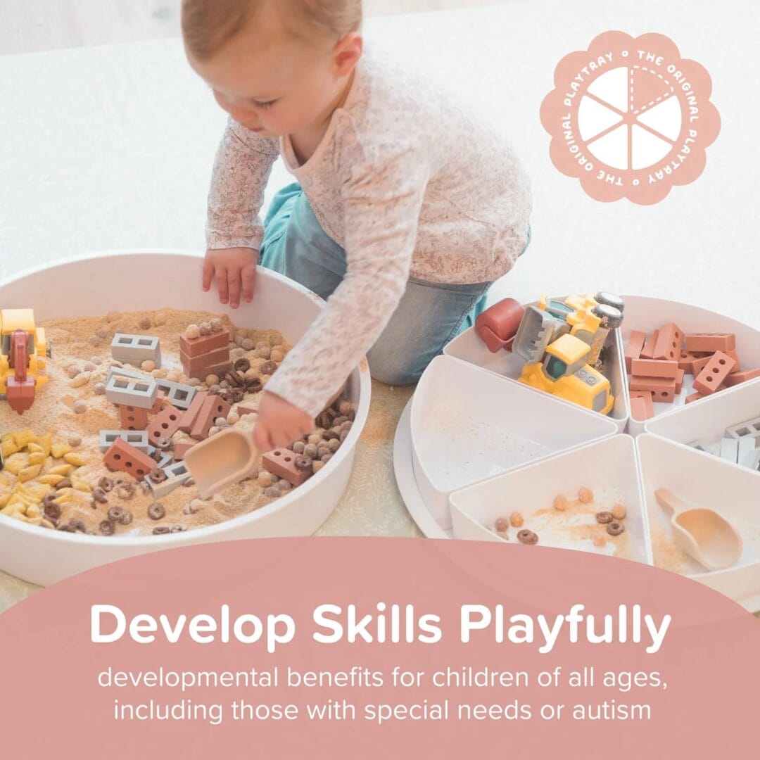 Sensorik-Set PlayTray mit tiefer Wanne, Deckel als zweiter Schale und 6 Fächern. Lebensmittelecht, spülmaschinenfest, geeignet ab 6 Monaten.