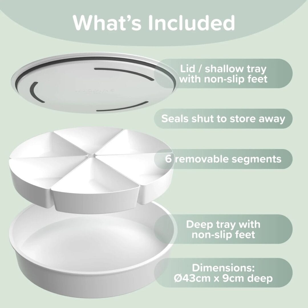 Sensorik-Set PlayTray mit tiefer Wanne, Deckel als zweiter Schale und 6 Fächern. Lebensmittelecht, spülmaschinenfest, geeignet ab 6 Monaten.