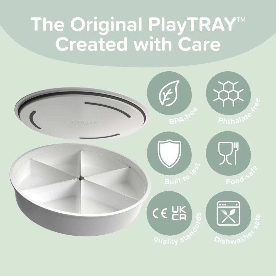 Sensorik-Set PlayTray mit tiefer Wanne, Deckel als zweiter Schale und 6 Fächern. Lebensmittelecht, spülmaschinenfest, geeignet ab 6 Monaten.