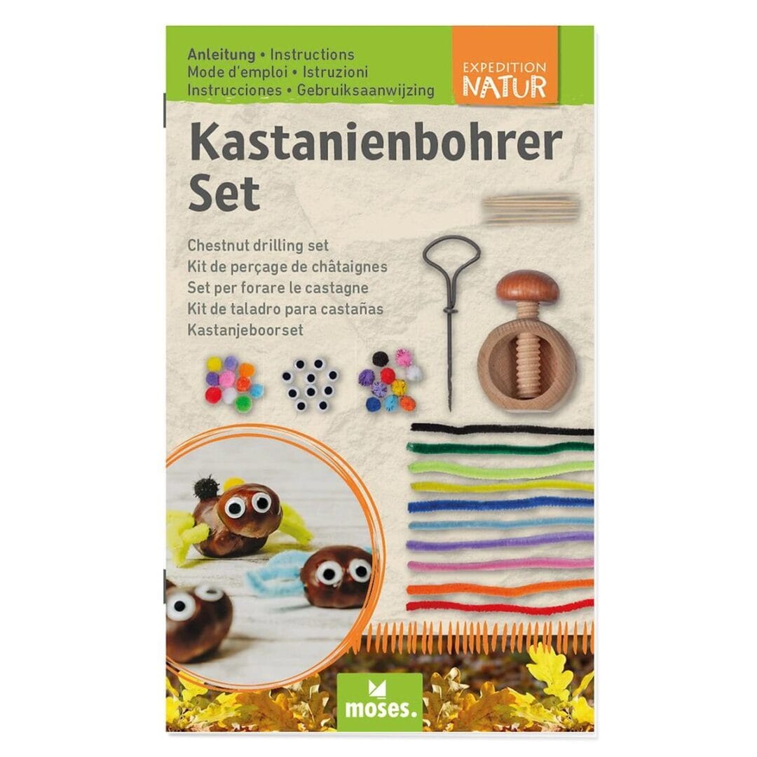 Mit dem Kastanienbohrer-Set werden gesammelte Kastanien im Handumdrehen zu lustigen Figuren. Inkl. Bohrer, Pompons, Wackelaugen & mehr. Ab 6 Jahren.