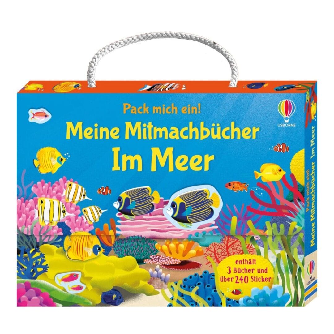 Stickern, wimmeln, malen unterwegs: Der Köfferli mit drei Mitmachbüchern von Usborne ist die kompakte Beschäftigung für Ferien, Auto und Wartezimmer.