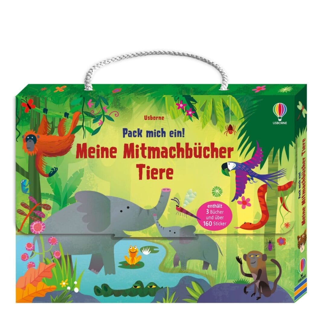 Stickern, wimmeln, malen unterwegs: Der Köfferli mit drei Mitmachbüchern von Usborne ist die kompakte Beschäftigung für Ferien, Auto und Wartezimmer.
