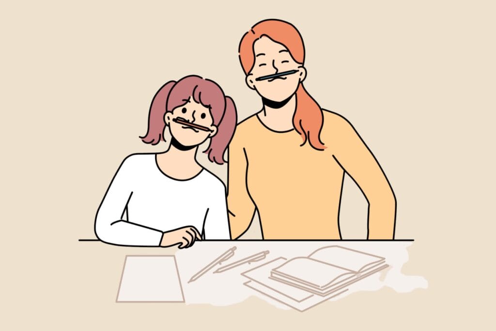 Illustration einer Mutter und Tochter vor Heften und Stiften. Beide haben einen Bleistift unter der Nase eingeklemmt. Lernprobleme, was tun?