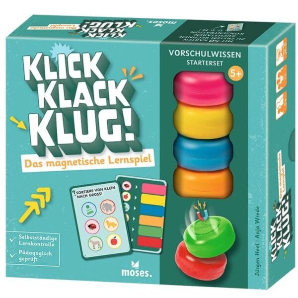 Klick Klack Klug: magnetisches Lernspiel von moses. Starterset, Kartensets und Magnetturm einzeln wählbar – ab 5 Jahren, fördert Konzentration.