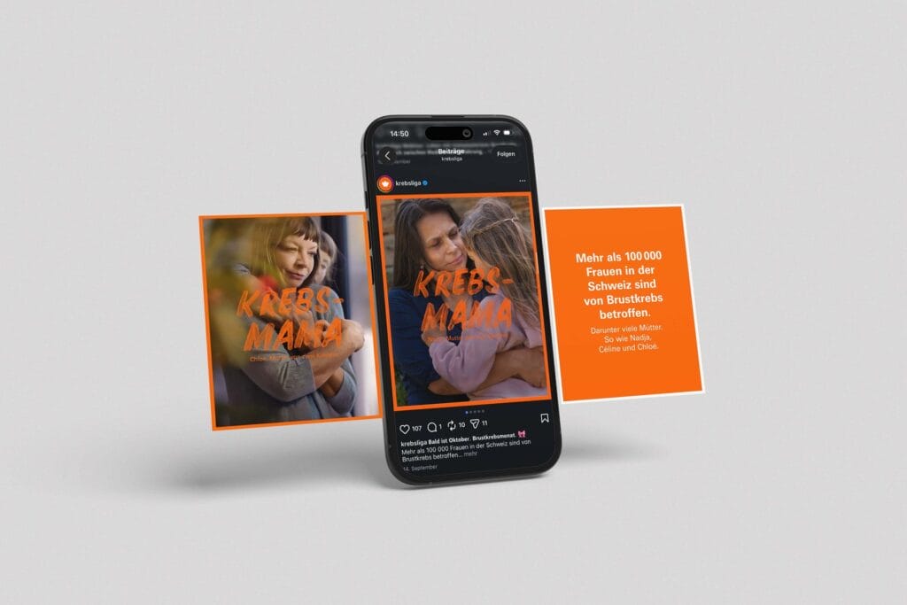 Kampagne KREBSMAMA der Krebsliga: Nadja, Chloé und Céline auf Social-Media-Sujets