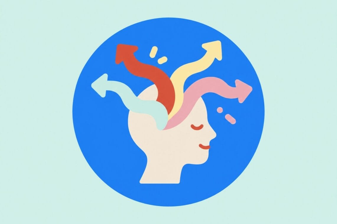 Illustration eines Kopfs mit vier farbigen Pfeilen, die daraus hervorkommen - Dossier zu Neurodivergenz, ADHS, Autismus, Hochsensibilität