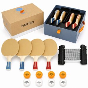 Tischtennis-Set mit 4 Schlägern, mobilem Netz und 8 Bällen in einer Box mit Griff. Macht aus jedem Tisch eine Pingpong-Platte – für die ganze Familie.