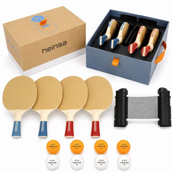 Tischtennis-Set mit 4 Schlägern, mobilem Netz und 8 Bällen in einer Box mit Griff. Macht aus jedem Tisch eine Pingpong-Platte – für die ganze Familie.