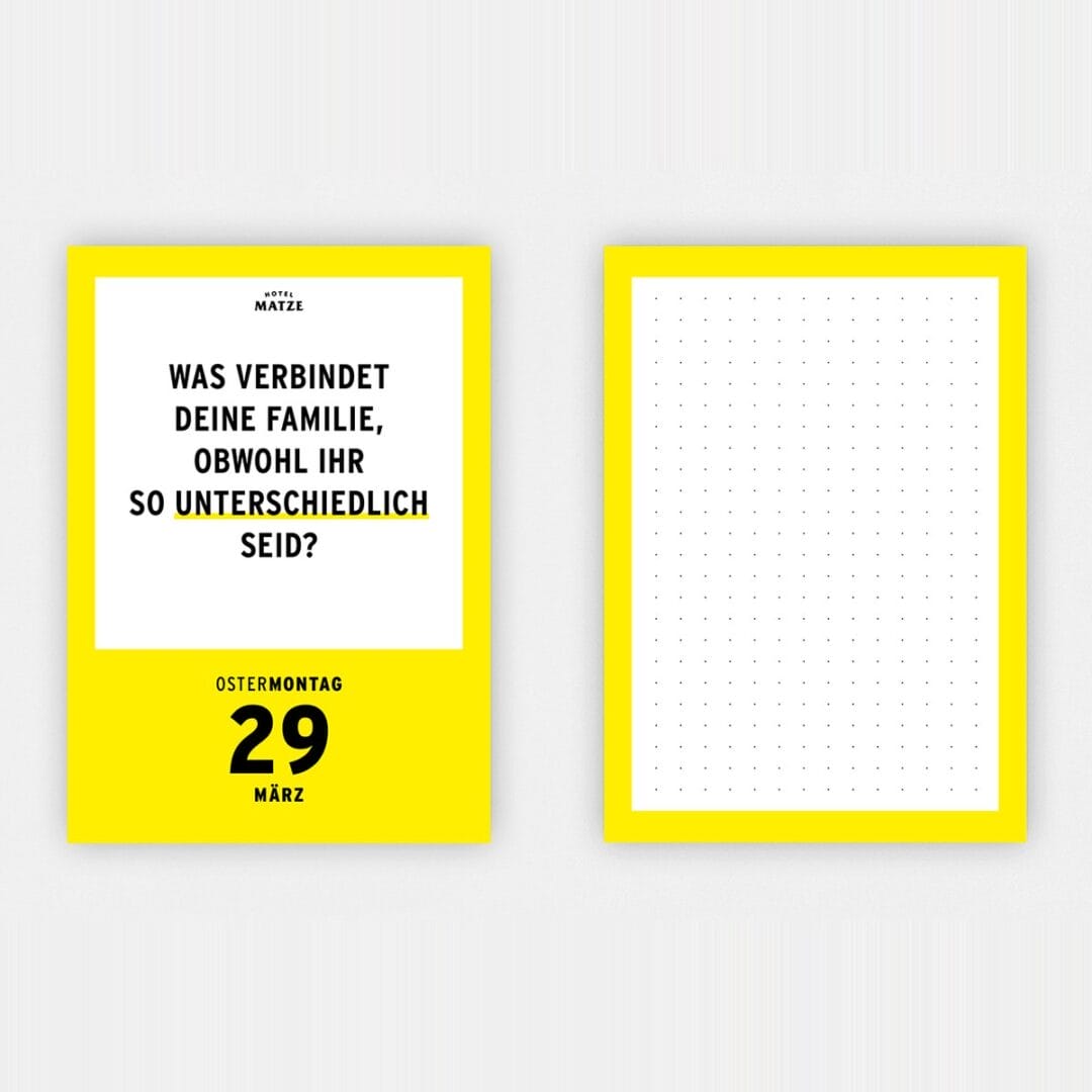 Was ich mich frage 2027: der Fragenkalender von Hotel Matze mit 365 Fragen – eine pro Tag, mit Platz für Notizen und gelber Sammelbox zum Aufbewahren.