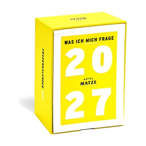 Was ich mich frage 2027: der Fragenkalender von Hotel Matze mit 365 Fragen – eine pro Tag, mit Platz für Notizen und gelber Sammelbox zum Aufbewahren.