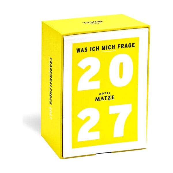 Was ich mich frage 2027: der Fragenkalender von Hotel Matze mit 365 Fragen – eine pro Tag, mit Platz für Notizen und gelber Sammelbox zum Aufbewahren.