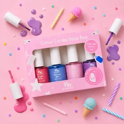 4er-Set Scratch-Off Nagellack für Kinder: wasserbasiert, vegan, ohne Entferner abkratzbar. In Pastel Pink, Mermaid Blue, Poppy Purple & Bright Pink.