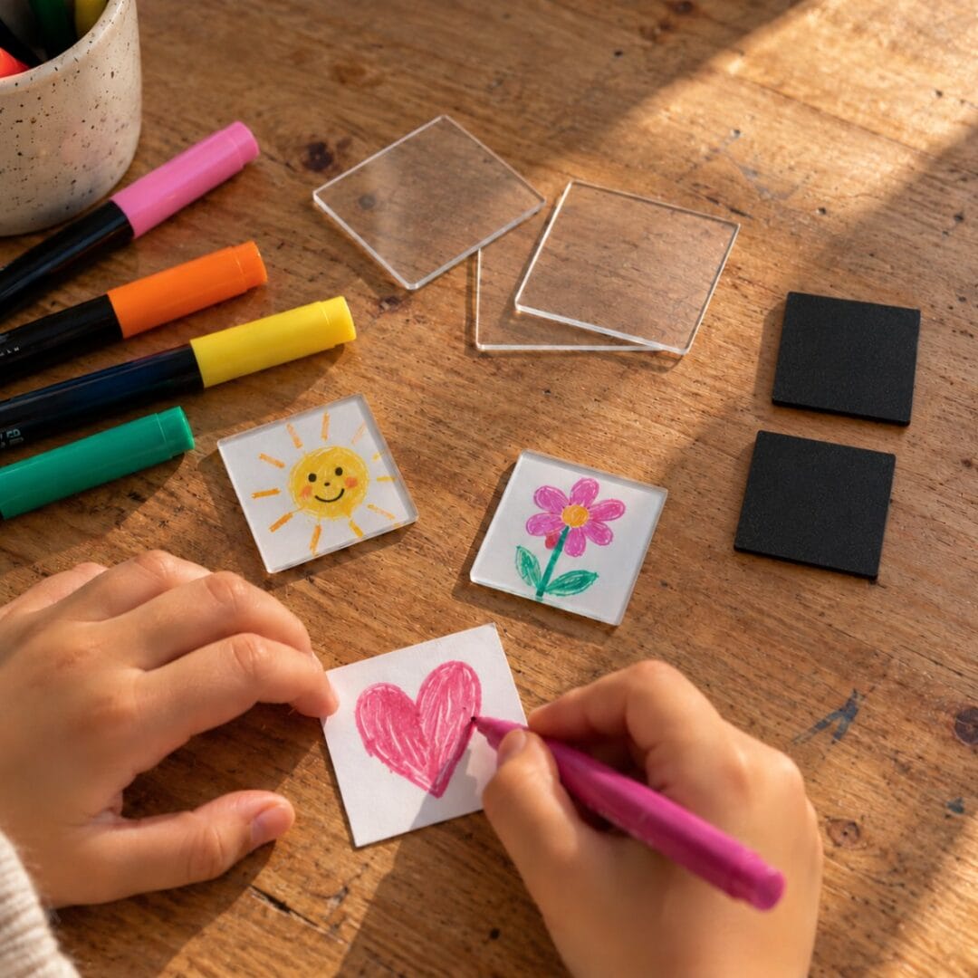 DIY-Magnete im 10er-Set: Kinderzeichnung, Foto oder Spruch unters Acryl legen und fertig ist ein persönliches Geschenk für Grosi, Gotte oder Lehrerin.