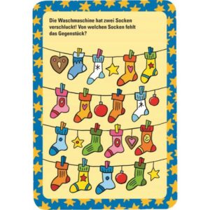 50 Rätselkarten für die Adventszeit: Suchbilder, Knobel-, Wort- und Zahlenrätsel mit Lösung auf der Rückseite. Zum selbständigen Rätseln ab 7 Jahren.
