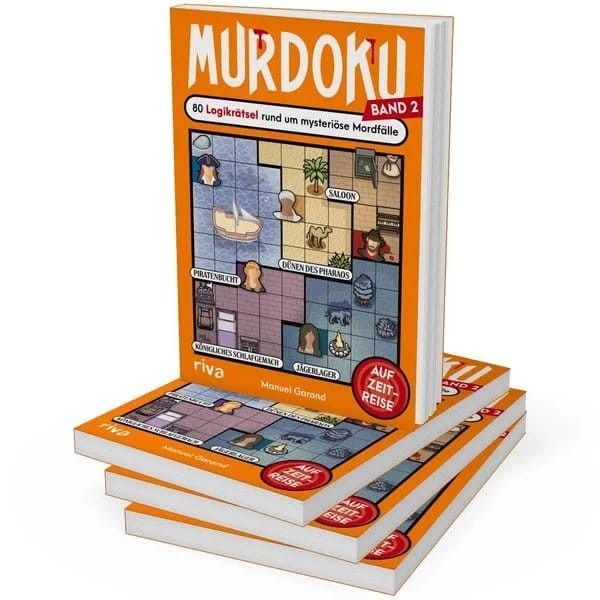 Rätselbuch «Murdoku Band 2 – Auf Zeitreise» von Manuel Garand, riva Verlag, gestapelt