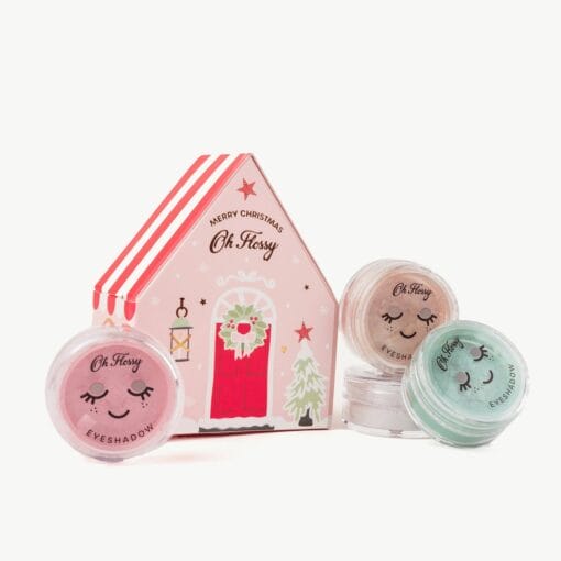 Lidschatten-Set für Kinder in der Weihnachtshaus-Schachtel: 4 schimmernde Farben, vegan und mit Wasser abwaschbar. Ideal fürs Samichlaus-Säckli.