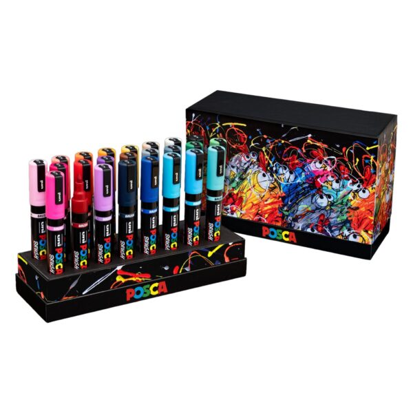 Alle 24 Farben der Posca Brush-Serie PC-5BR in einem Ständer mit Deckel, gestaltet vom Graffiti-Künstler Ceet Fouad. Für Schreibtisch und unterwegs.